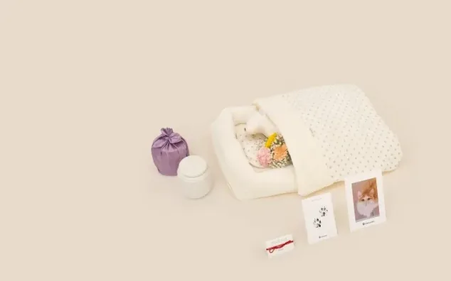고양이 전용 장례 구성 — 크림색 관과 작은 꽃다발, 보자기로 싼 유골함