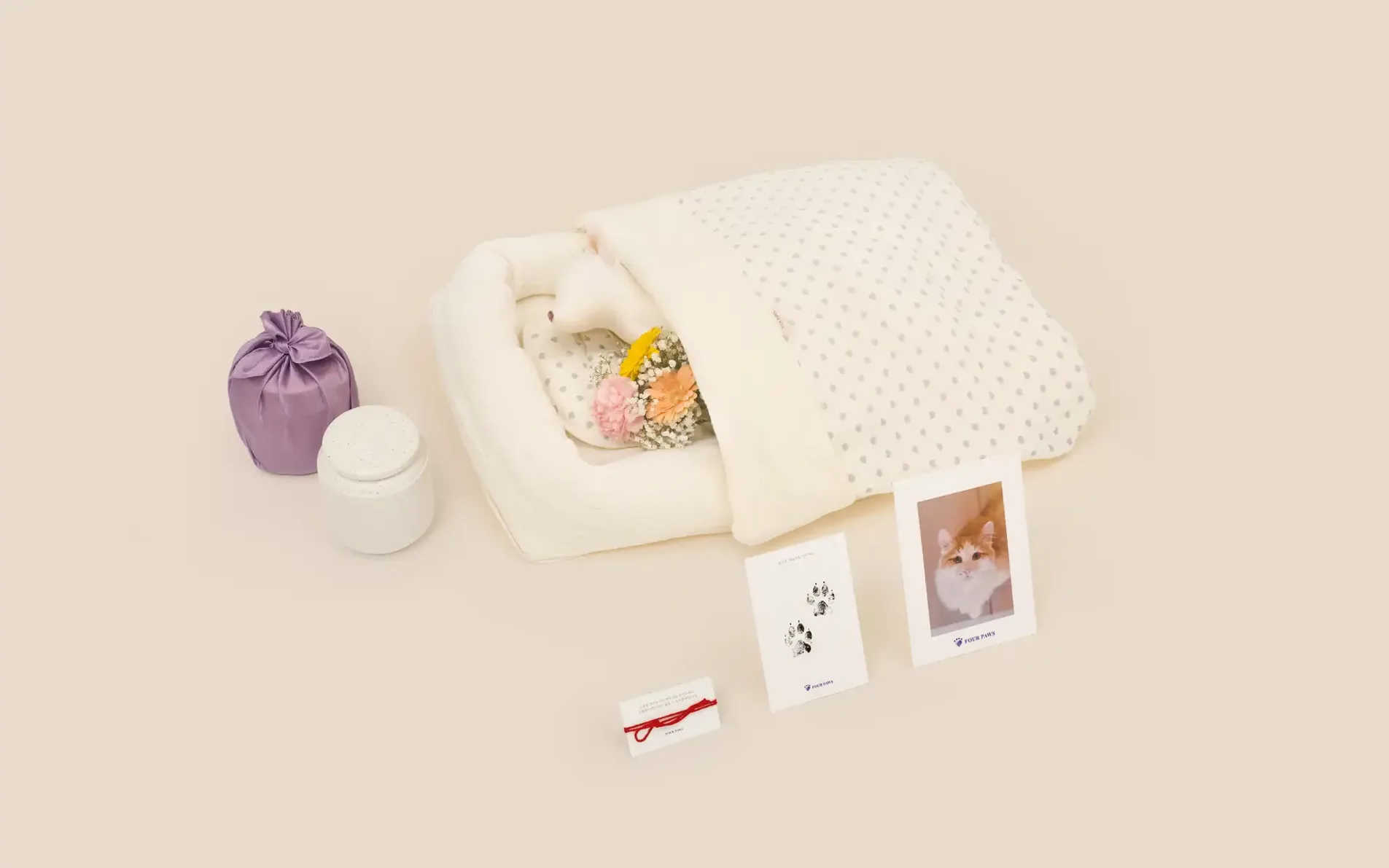 양평 가족이 고르는 고양이 전용 장례 구성 — 관과 작은 꽃다발