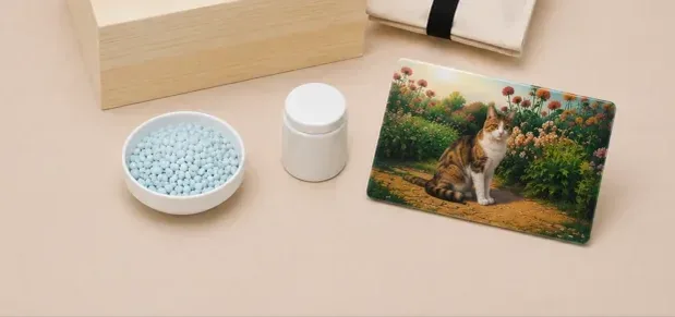 작은 구슬이 담긴 흰 그릇과 마블함, 고양이 그림 액자가 함께 놓인 몽스마블 구성